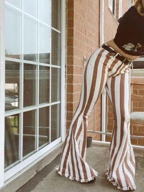 Peach Love California Pants - Peach Love California Brown & White Vertical Stripe Flare Pants